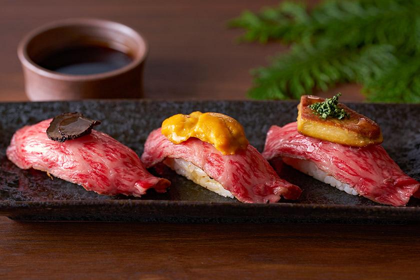 A５ランク豊後牛「おおいた和牛」　陶板焼きと高級珍味の牛寿司付きプラン