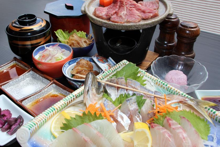 每晚2餐 \ 晚餐充滿力量。在休閒餐廳享受竹莢魚身材和陶瓷盤上烤的長崎和牛 /