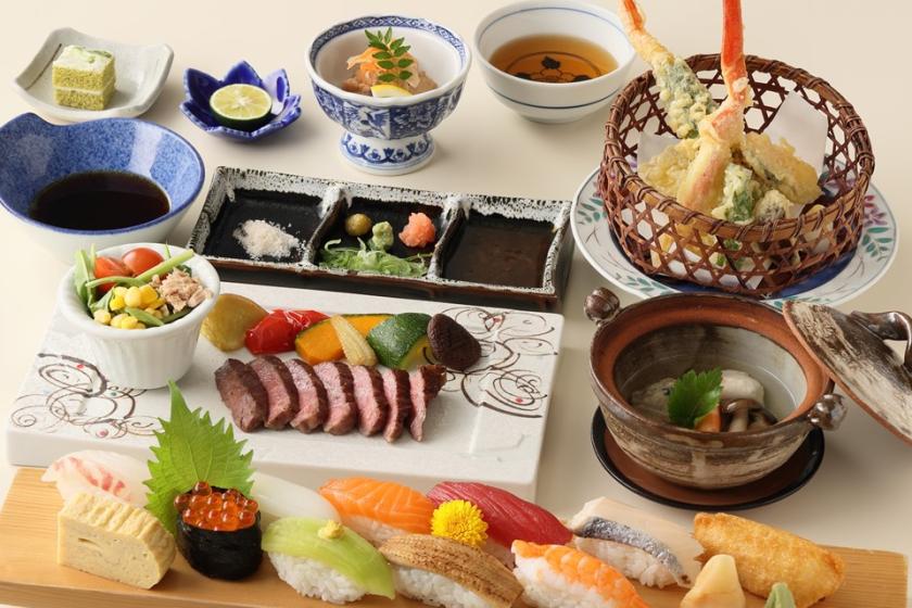 ◆Enjoy domestic beef steak, crab tempura, nigiri sushi, and earthenware steaming! [Steak + Ajisai Gozen] 2 meals included