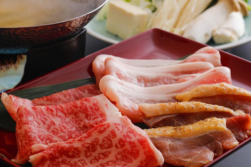 【祝3周年：地元奈良の肉三種食べ比べ】皆様との出逢いに感謝。祝3周年記念プラン「しゃぶしゃぶ肉三種食べ比べ」朝夕付