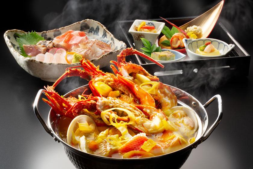 介绍☆伊势龙虾、阿方西诺、当地鱼、蛤蜊！美味的海鲜、牛排和无限量畅饮的“鹤屋法式海鲜怀石料理”