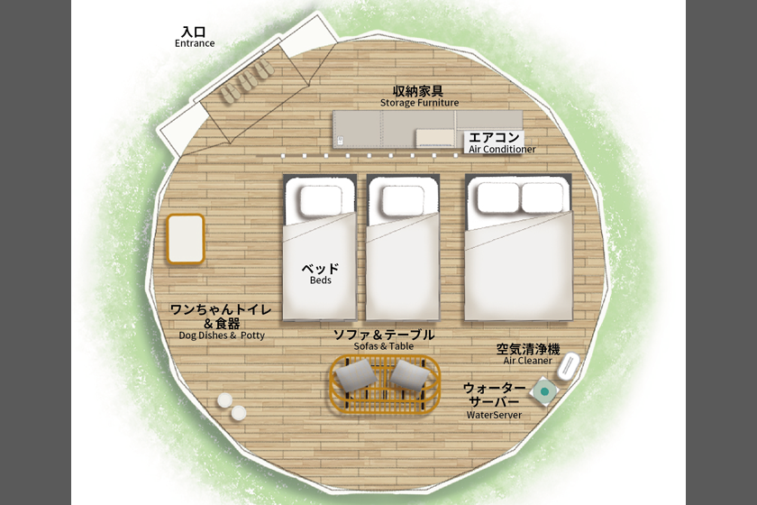 プライベートドームテント：シングルベッド×２　＋　ダブルベッド×１