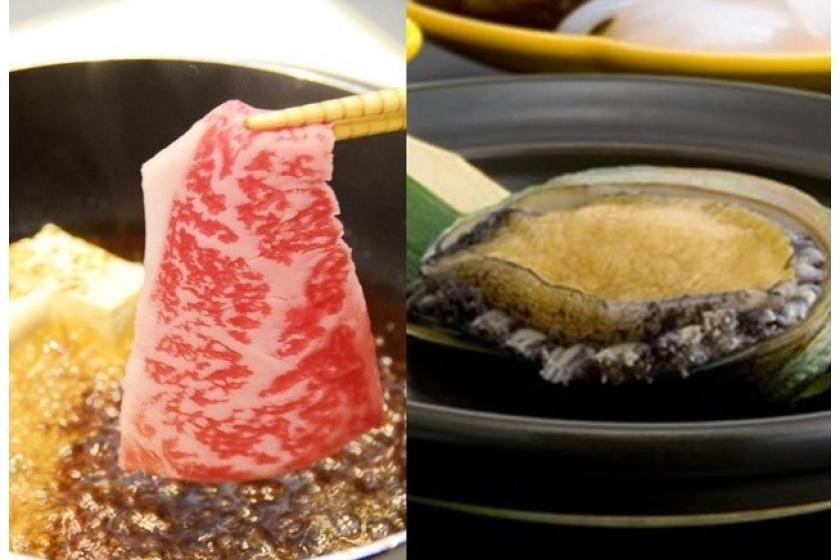 Most popular! [Standard Plan] "Joshu Beef Sukiyaki" full of seasonal Gunma ingredients and fresh seafood "Abalone Odori-yaki"