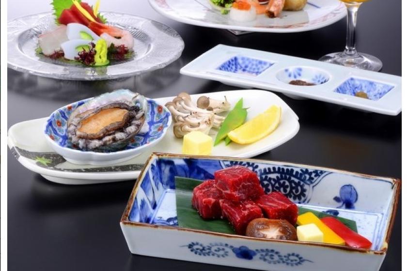 餐食等级提升【特别的日本怀石料理套餐】群马品牌牛肉“上州牛排”和“新鲜鲍鱼”从丰洲直送