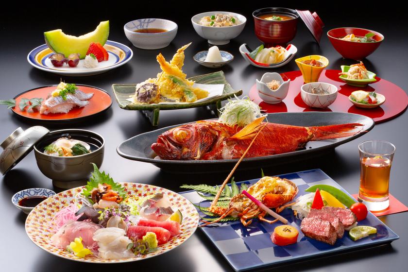 [Special plan for the annex] Upgraded Kissho Kaiseki course meal with all the delicacies of Izu, including spiny lobster, red snapper, and turban shells, all in one place, with all-you-can-drink options