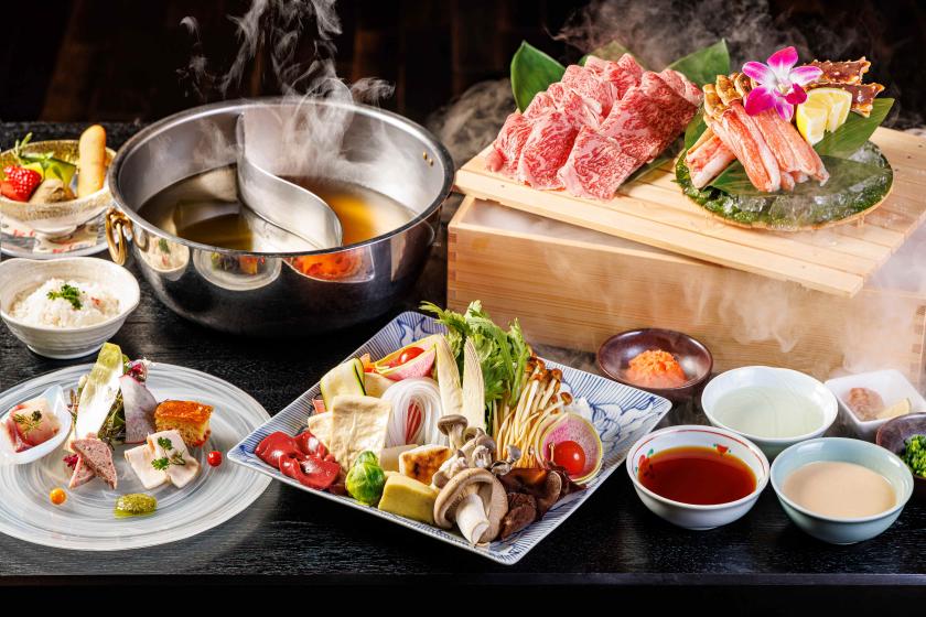 在登入有形文化財產的餐廳享用涮鍋「日本牛裡肌和雪蟹、帝王蟹2種豪華拼盤」（下半場）和日西式自助早餐。