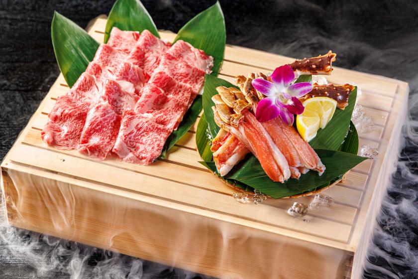 在註冊有形文化財產的餐廳享用涮鍋「日本牛裡肌和雪蟹、帝王蟹的豪華拼盤」<上半場>和日西式自助早餐。