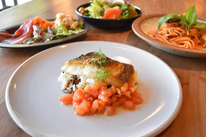 [Summer only] Fish dinner - Sauteed sea bass with eggplant and fresh tomato pilaf [1 night and 2 meals included]