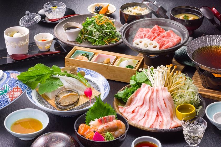 [Early bird discount 30] 1100 yen off per person [Horaku steamed abalone and puffer fish, Shinshu pork shabu-shabu with soba sauce, Shinshu beef grilled shabu-shabu] Upgraded winter blessings course meal