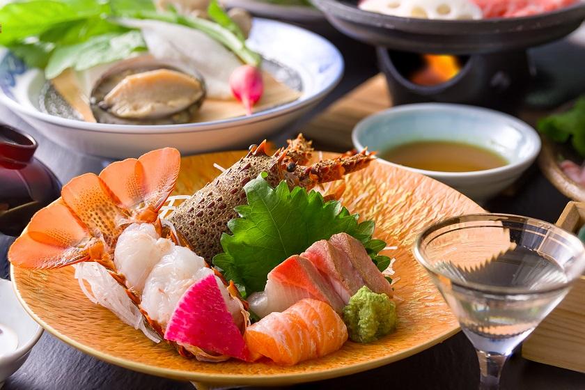 [Early bird discount 30] 1100 yen off per person [Spiny lobster, steamed abalone and puffer fish, Shinshu pork shabu-shabu with soba sauce, grilled Shinshu beef shabu-shabu] Winter's bounty top-class kaiseki course