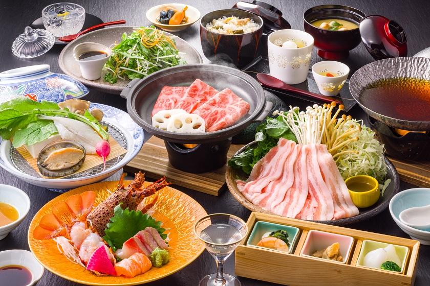 [Early bird discount 30] 1100 yen off per person [Spiny lobster, steamed abalone and puffer fish, Shinshu pork shabu-shabu with soba sauce, grilled Shinshu beef shabu-shabu] Winter's bounty top-class kaiseki course