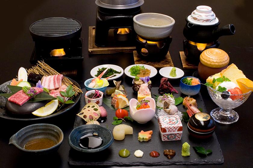 牡丹の花咲く由志園【入場引換券付】「美食プレート会席」と地元のお肉3種 陶板焼きプラン