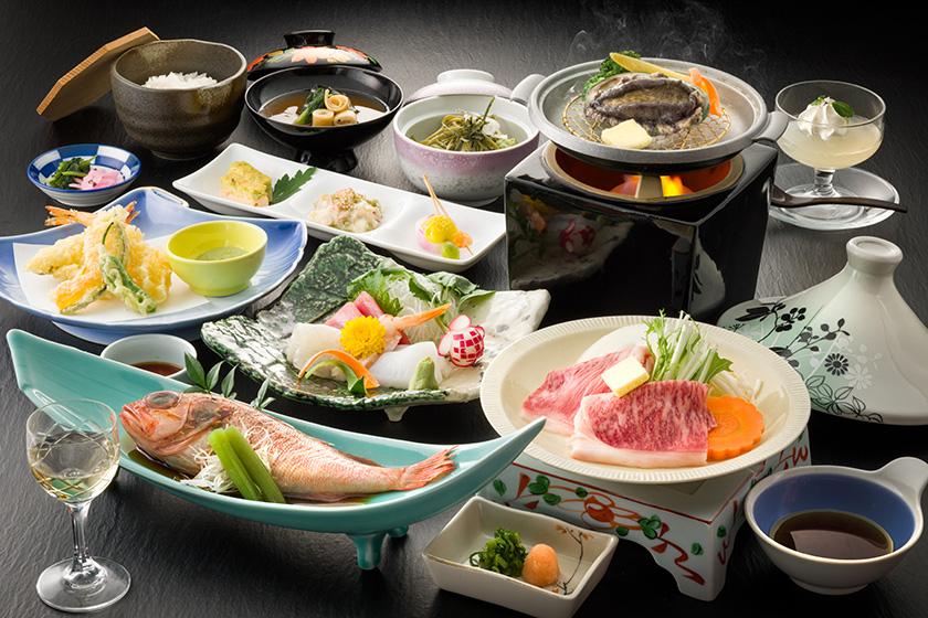 ◇【早期割引30・事前決済】厳選「あいち牛の陶板焼き＆活き鮑のステーキ」付き特別会席（2025年7月～）