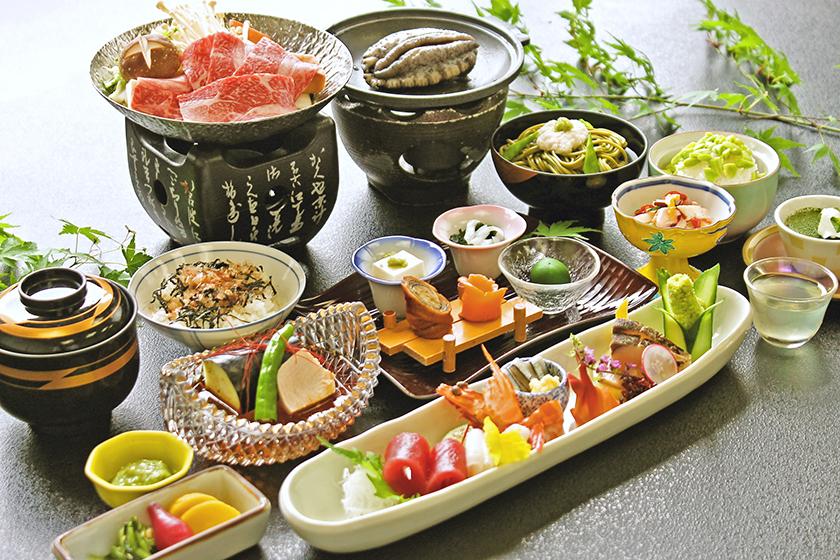 ＜活き鮑の踊り焼き・牛すき鍋・鮮魚六種盛り＞贅を尽くす夏の味覚会席「華やぎ会席」　＜6月～9月＞