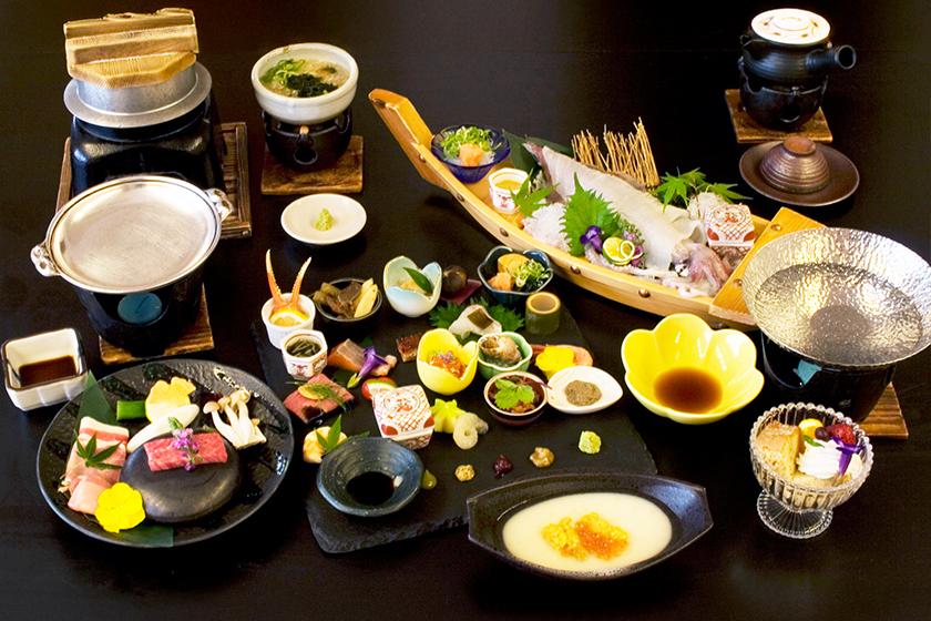 お一人で姿烏賊1杯付「美食プレート会席」と地元のお肉3種 陶板焼きプラン