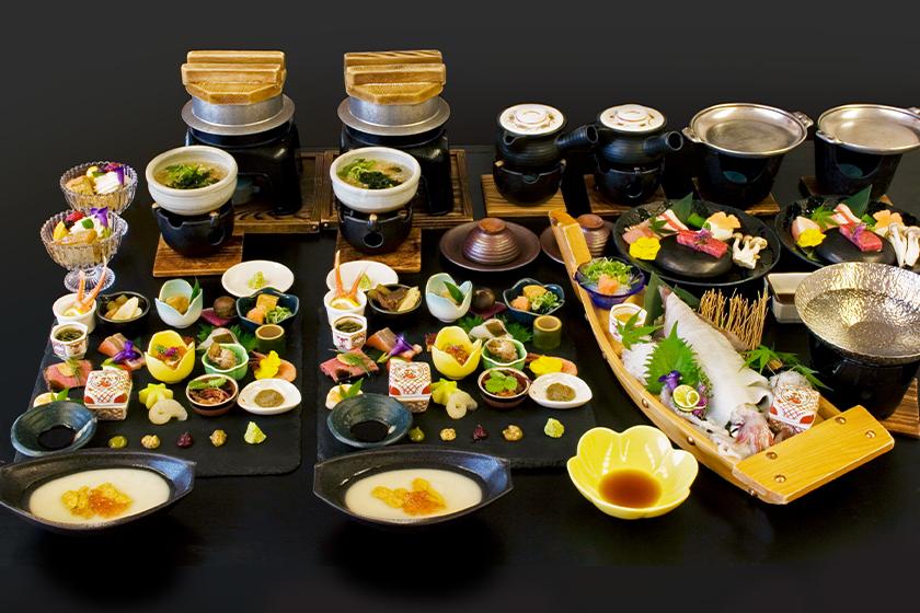 ご夫婦プラン お二人で姿烏賊一杯付「美食プレート会席」と地元のお肉3種 陶板焼き