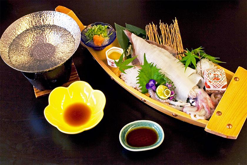 ご夫婦プラン お二人で姿烏賊一杯付「美食プレート会席」と地元のお肉3種 陶板焼き