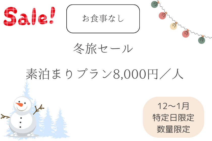 【冬旅セール特別価格！】特定日限定！素泊まりプランお一人様8,000円（食事なし）