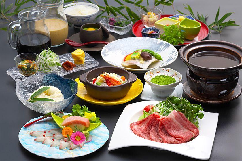 【会席グレードアップ】季節会席プラン　鯛薄造り　国産牛と出汁しゃぶ鍋≪6～8月≫