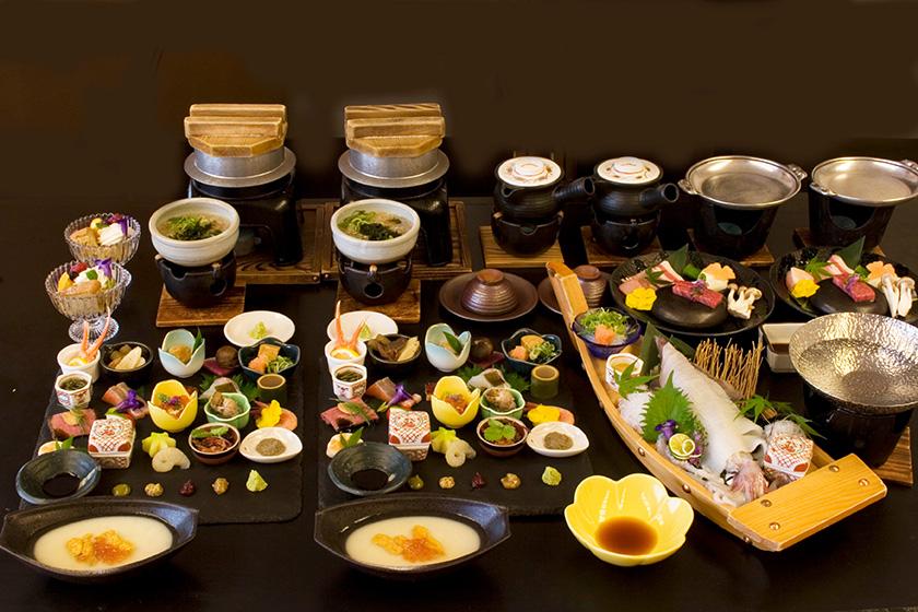 ご夫婦　お二人で姿烏賊一杯付き「美食プレート会席」と地元のお肉3種　陶板焼き