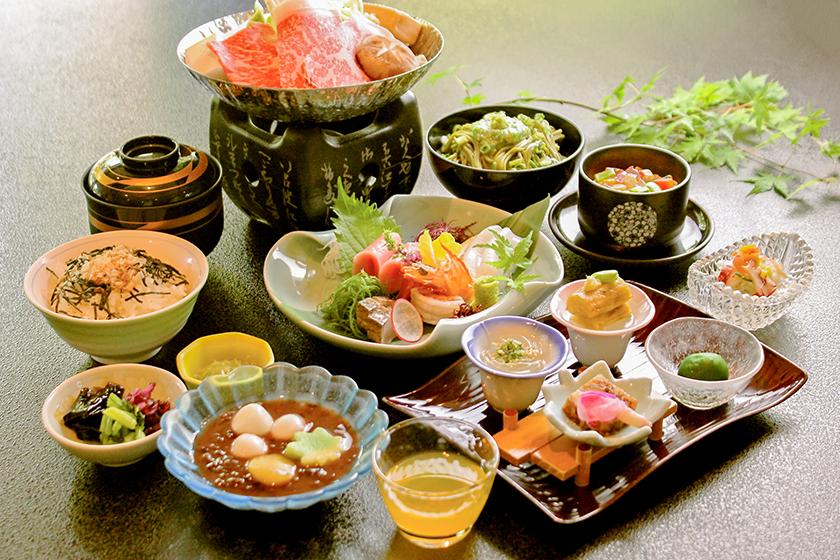 とろける牛すき鍋と鮮魚四種盛　旬を愛でる「月見草会席」　＜6月～9月＞