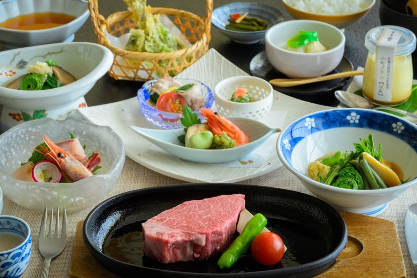 【最上級＜謙信会席＞】究極の米沢牛Ａ５ランクステーキ！貸切風呂無料＆乾杯酒付〇至高の美食と名湯に寛ぐ〇半露天風呂付客室ー吾妻ー